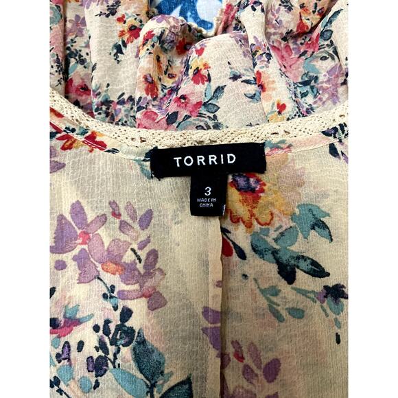 Torrid Tan Ruffle Chiffon Floral Kimono - Size 3(X) (EUC) - Picture 5 of 6
